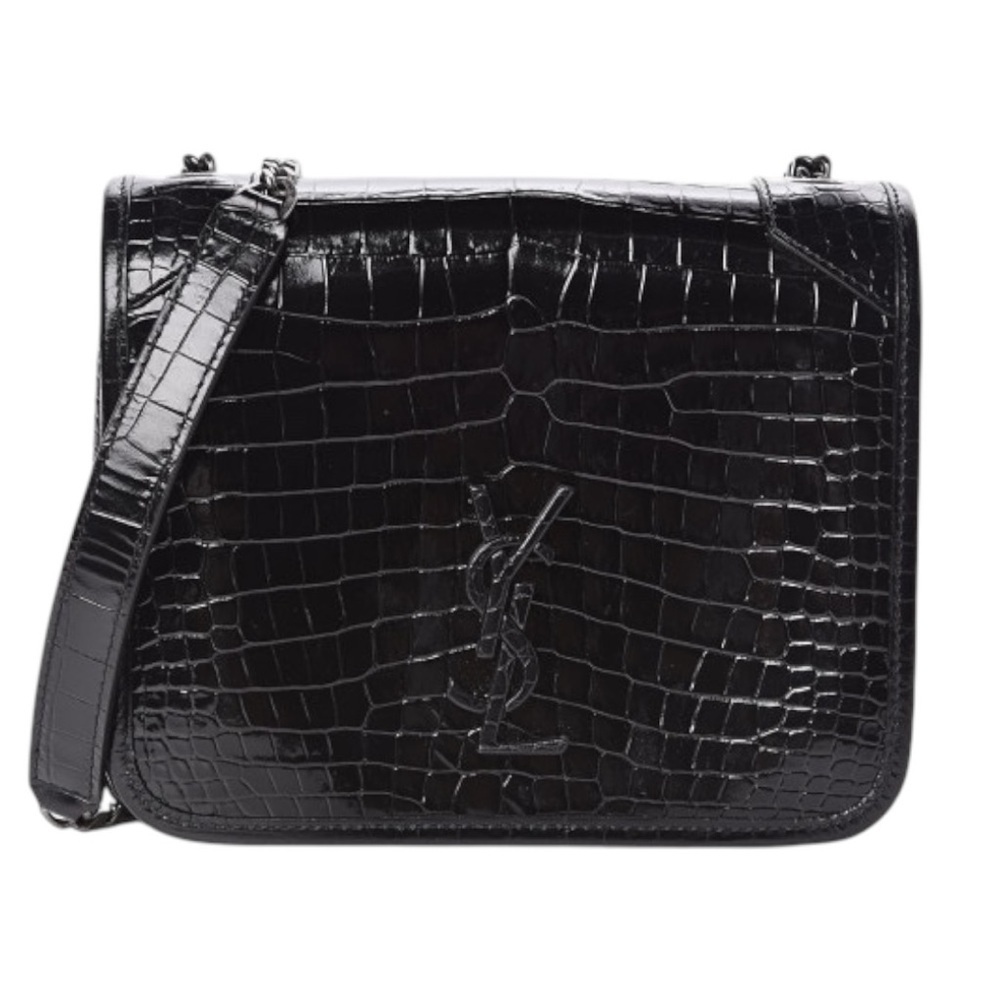 Saint Laurent Black Croc-Embossed Leather Crossbody Bag